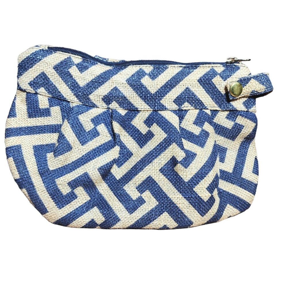 Mud Pie Wristlet Clutch Purse Handbag Burlap Jute Tan Navy Made in India
